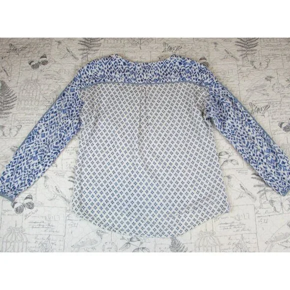 Sundance Catalog  Women's Blue white ikat multi print long sleeve cotton top S - Picture 9 of 10
